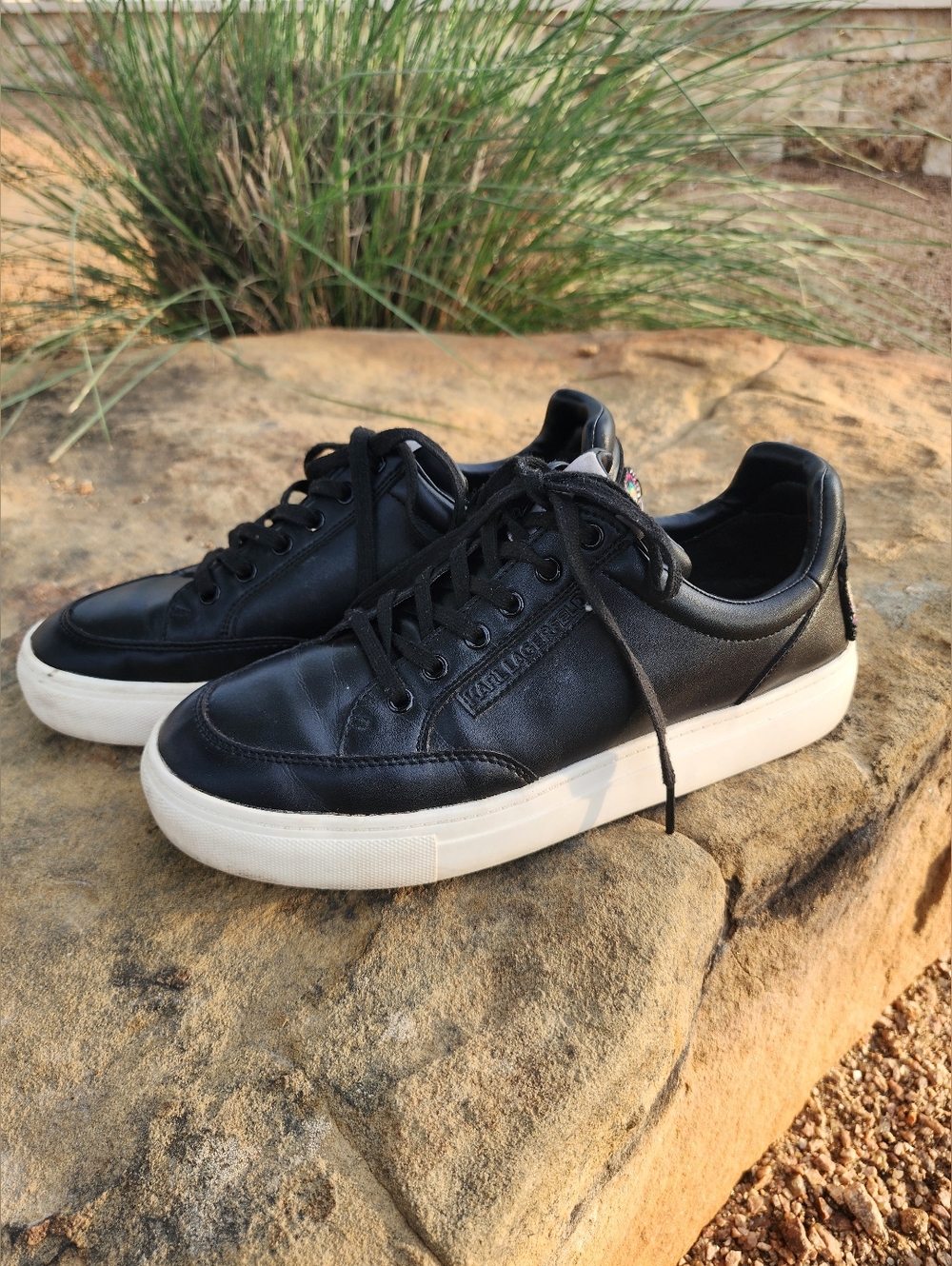 Karl Lagerfeld Black Leather Low-Profile Lace-Up Sneakers with White Sole